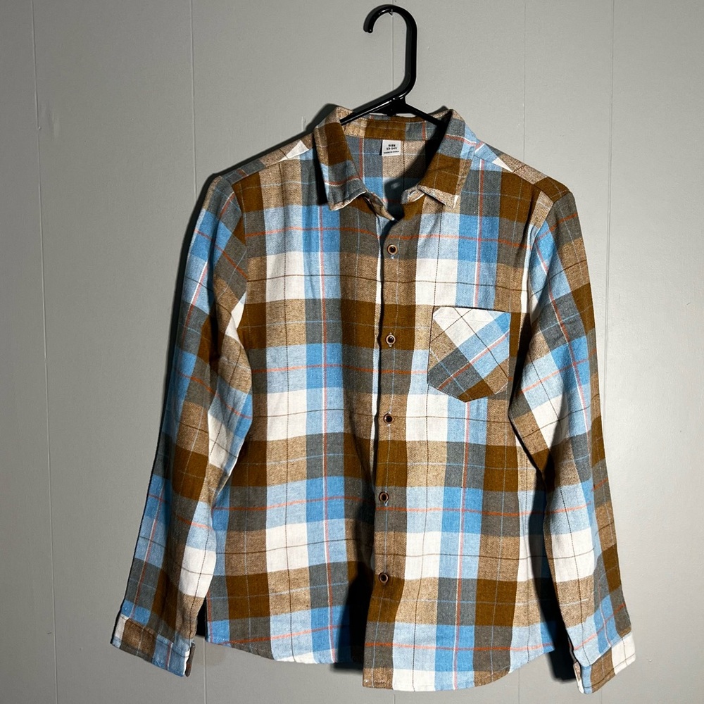 Boys Brown Blue White Plaid Flannel Long Sleeve Button Up Shirt Size 13-14Y
